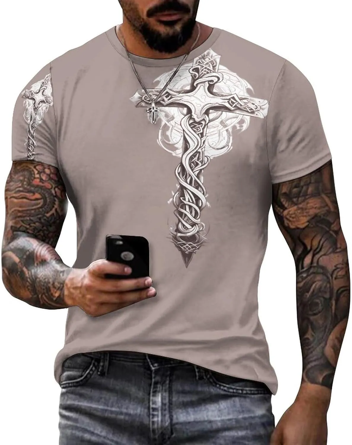 HOTYD Mens T-Shirts Jesus Cross Faith Vintage Oil Painting Casual T-Shirts Summer Short Sleeve Crew Neck Christian Tops