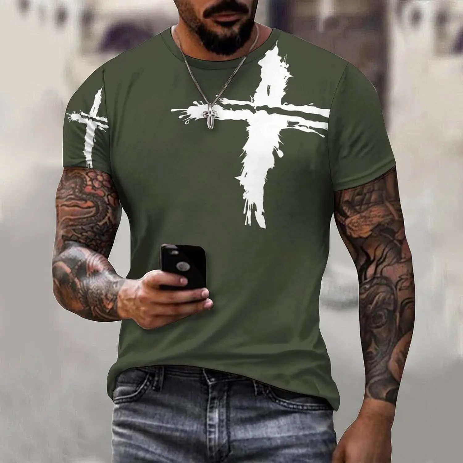 HOTYD Mens T-Shirts Jesus Cross Faith Vintage Oil Painting Casual T-Shirts Summer Short Sleeve Crew Neck Christian Tops