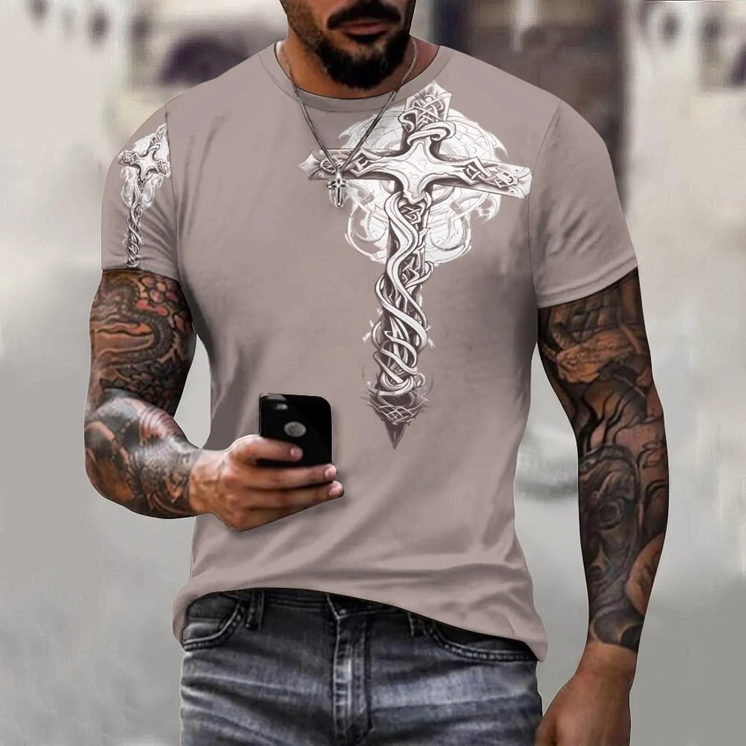 HOTYD Mens T-Shirts Jesus Cross Faith Vintage Oil Painting Casual T-Shirts Summer Short Sleeve Crew Neck Christian Tops