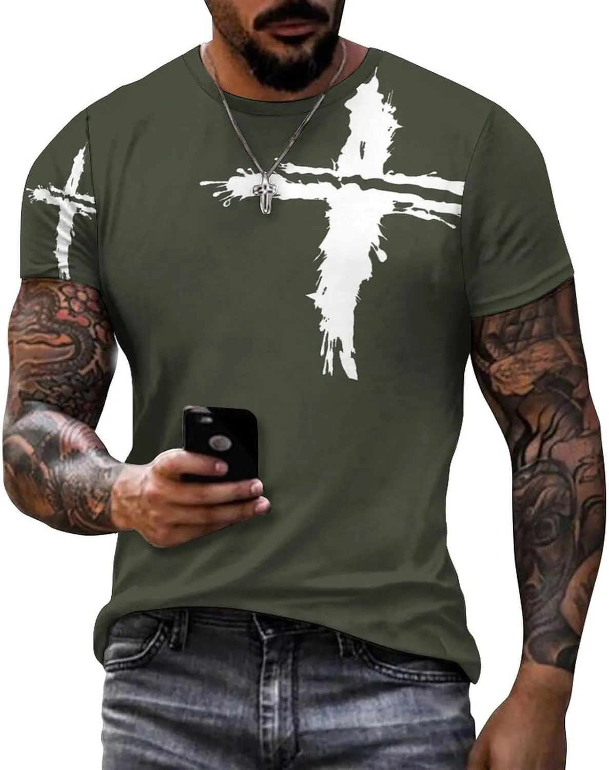 HOTYD Mens T-Shirts Jesus Cross Faith Vintage Oil Painting Casual T-Shirts Summer Short Sleeve Crew Neck Christian Tops