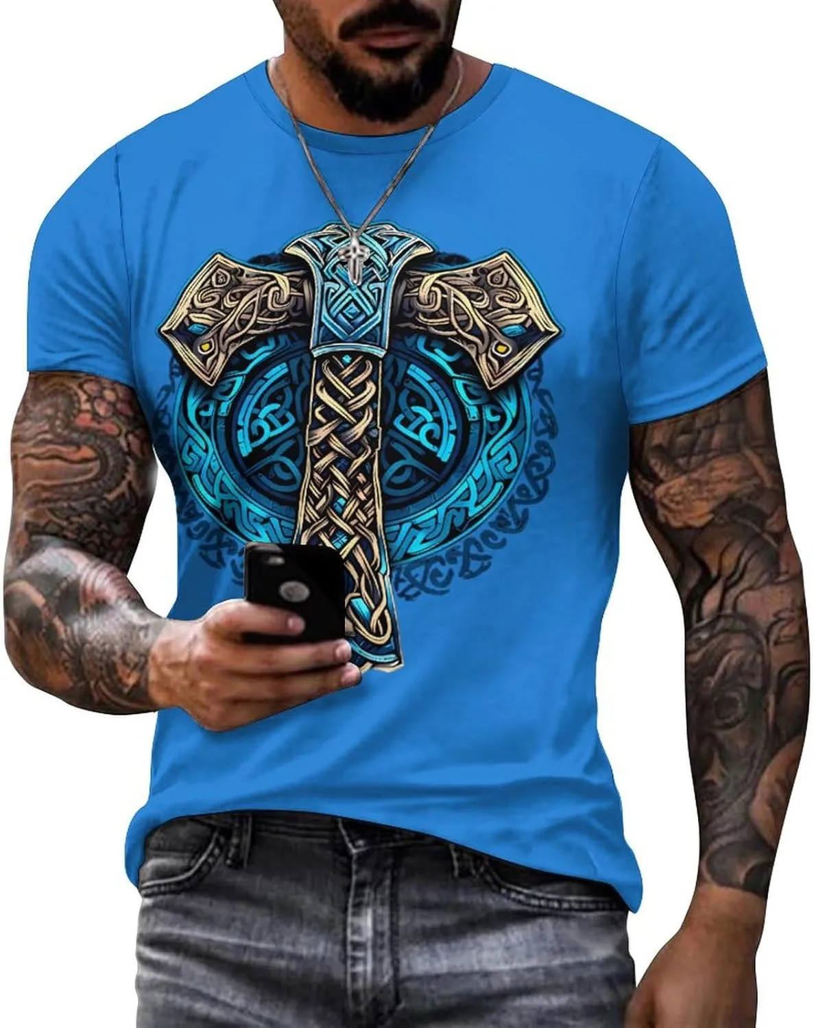 HOTYD Mens T-Shirts Jesus Cross Faith Vintage Oil Painting Casual T-Shirts Summer Short Sleeve Crew Neck Christian Tops
