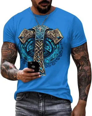 HOTYD Mens T-Shirts Jesus Cross Faith Vintage Oil Painting Casual T-Shirts Summer Short Sleeve Crew Neck Christian Tops