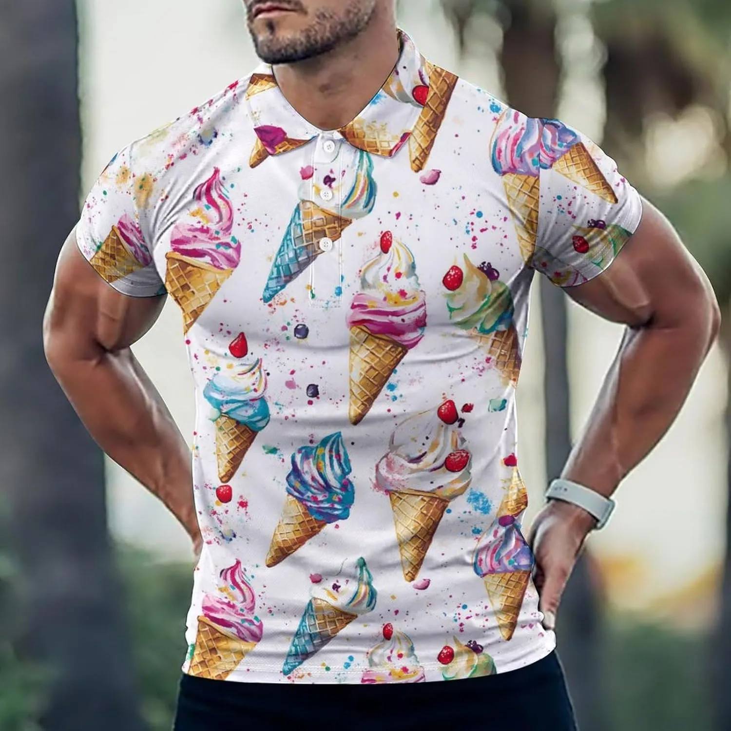 Ice Cream Cones Mens Polo Shirts Quick Dry Short Sleeve T-shirts Slim Tennis Collared Tees Tops