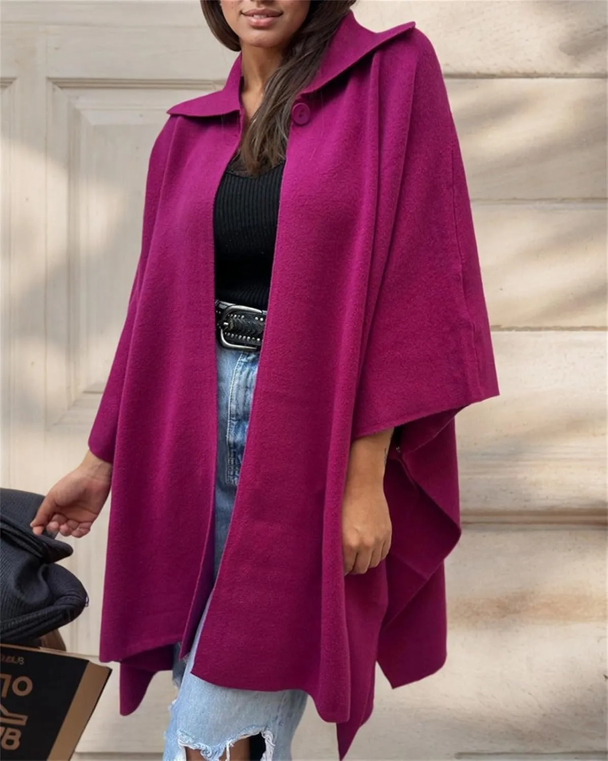 IVERIRMIN Women's Shawl Neck Poncho Coats Light Fleece One-button Cape Jackets Sherpa Open Sleeve Shawl Wraps Cloak Outerwear