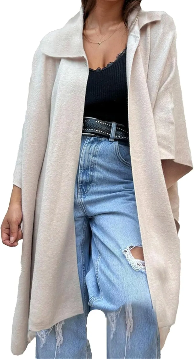 IVERIRMIN Women's Shawl Neck Poncho Coats Light Fleece One-button Cape Jackets Sherpa Open Sleeve Shawl Wraps Cloak Outerwear
