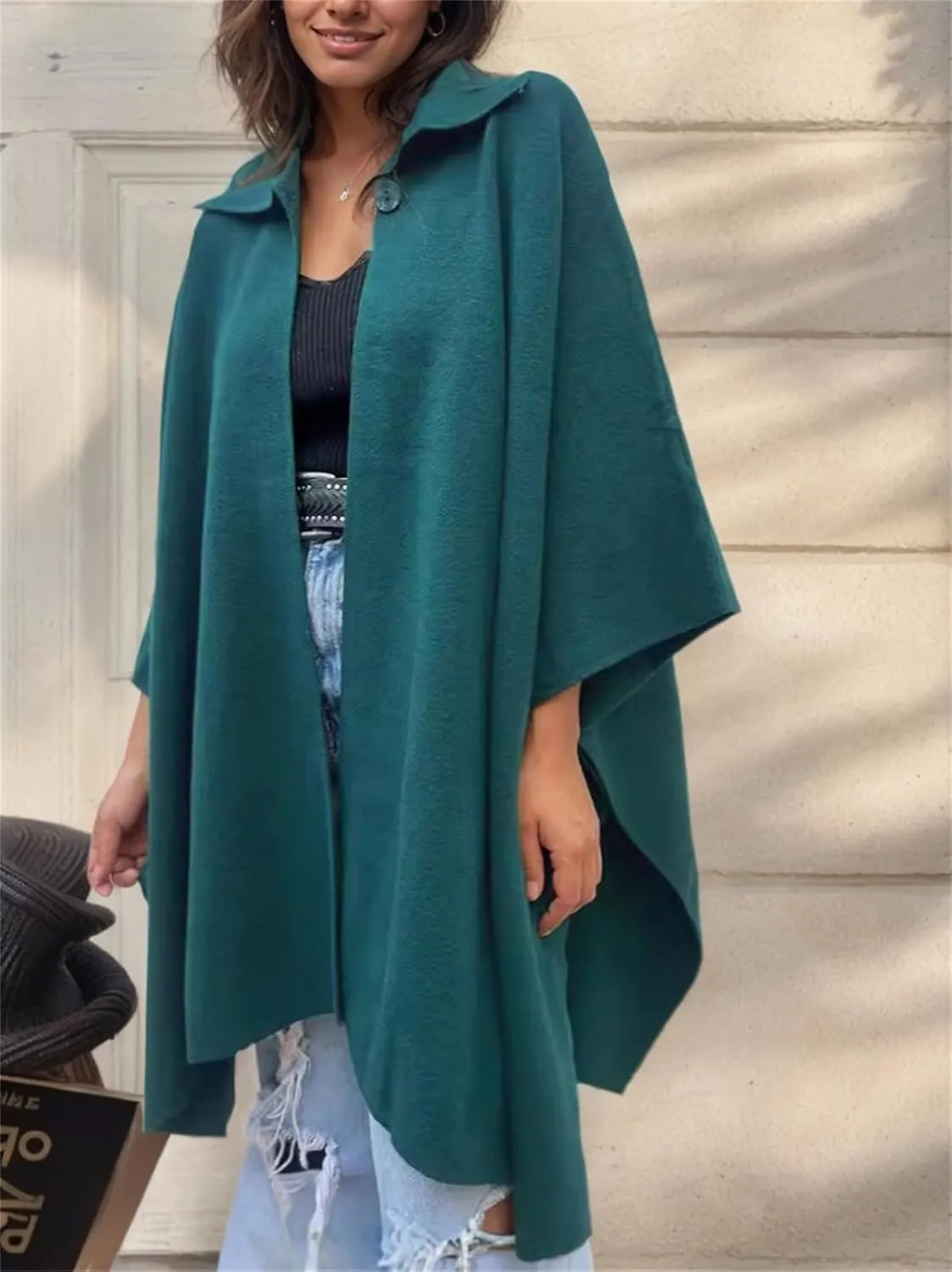 IVERIRMIN Women's Shawl Neck Poncho Coats Light Fleece One-button Cape Jackets Sherpa Open Sleeve Shawl Wraps Cloak Outerwear