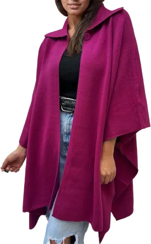IVERIRMIN Women's Shawl Neck Poncho Coats Light Fleece One-button Cape Jackets Sherpa Open Sleeve Shawl Wraps Cloak Outerwear