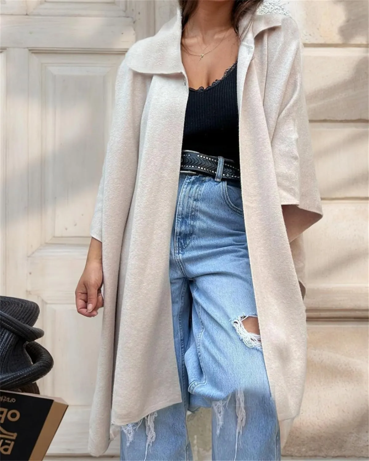 IVERIRMIN Women's Shawl Neck Poncho Coats Light Fleece One-button Cape Jackets Sherpa Open Sleeve Shawl Wraps Cloak Outerwear