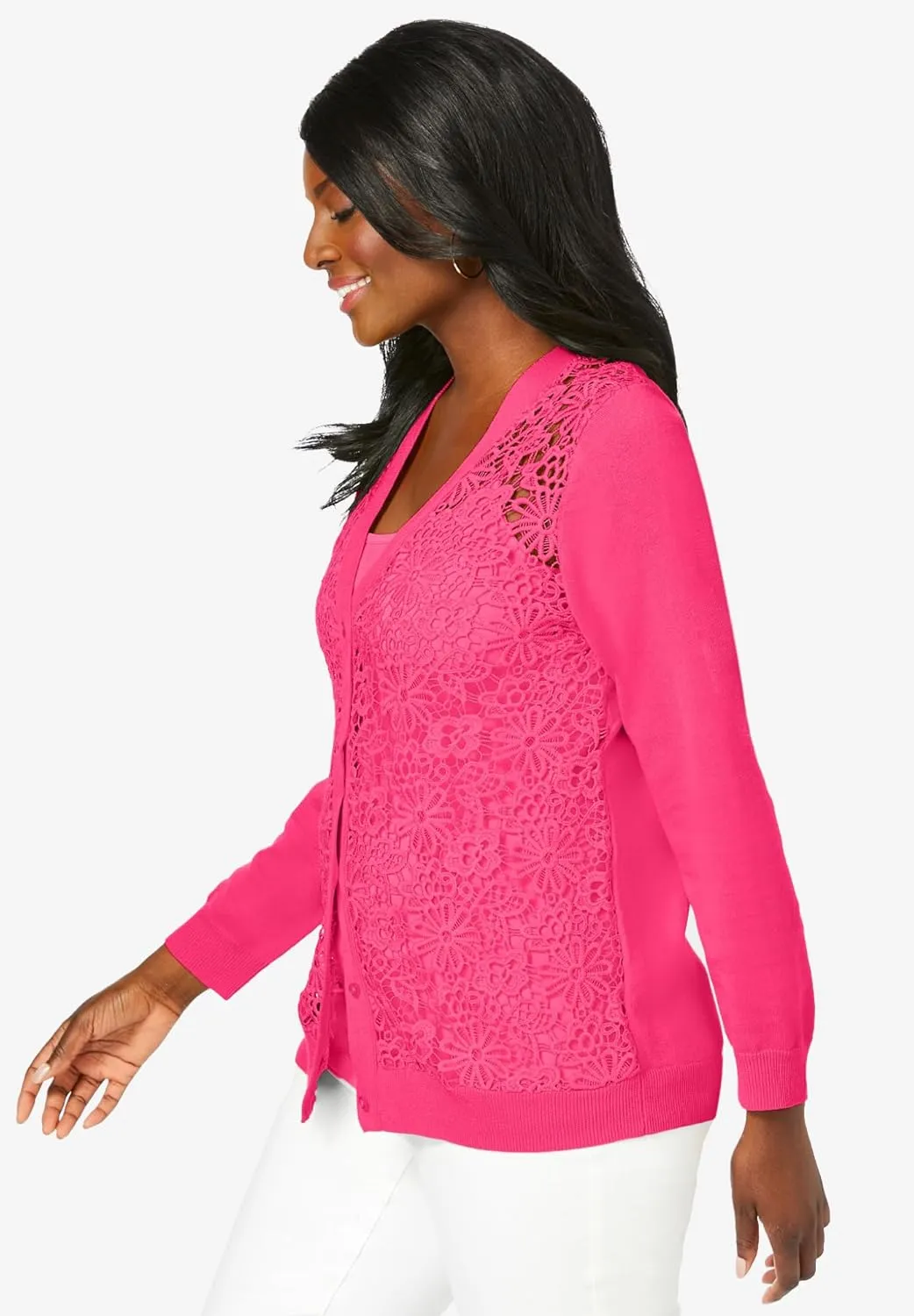 Jessica London Women's Plus Size Crochet Button-Front Cardigan