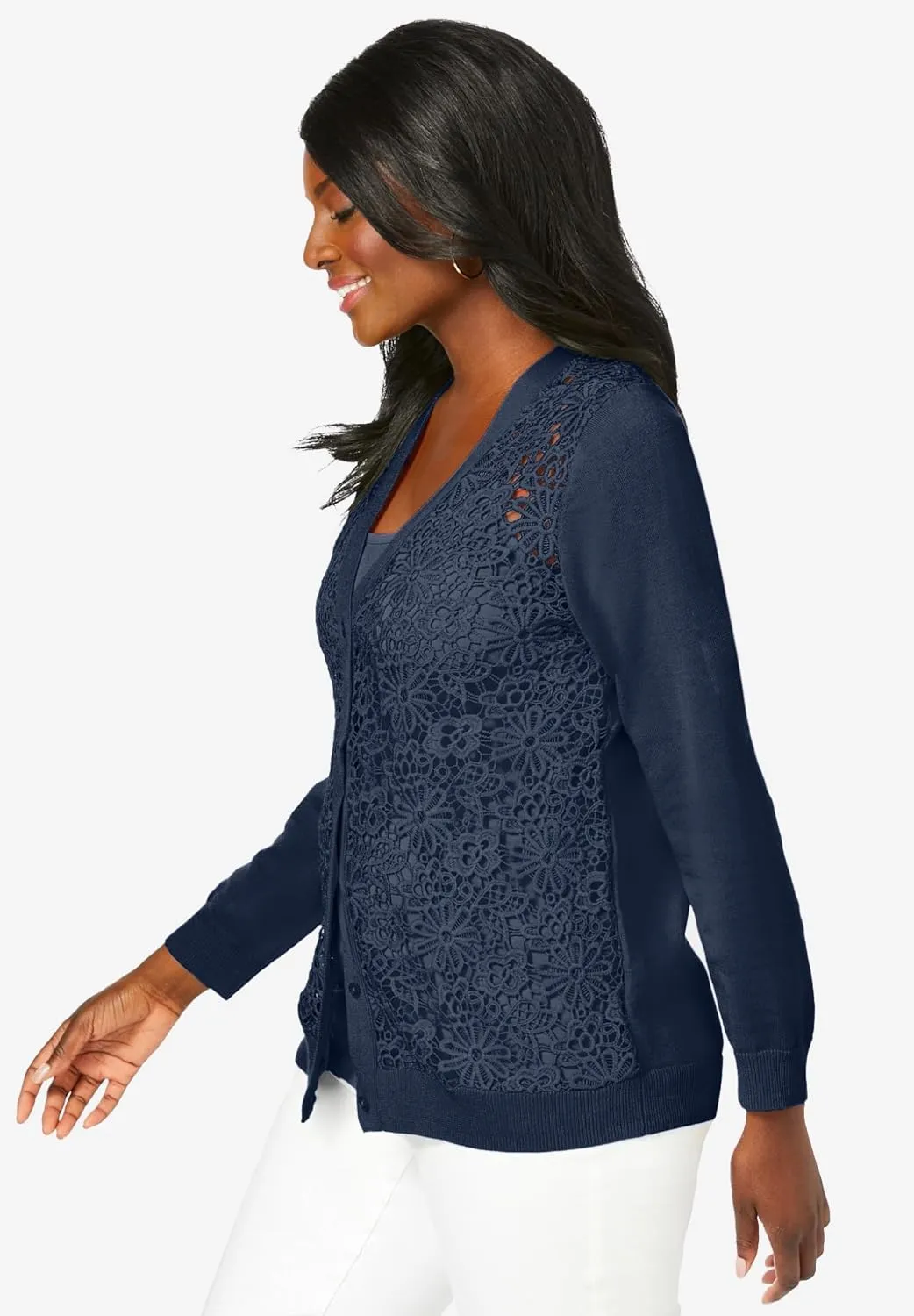 Jessica London Women's Plus Size Crochet Button-Front Cardigan