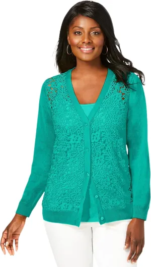 Jessica London Women's Plus Size Crochet Button-Front Cardigan