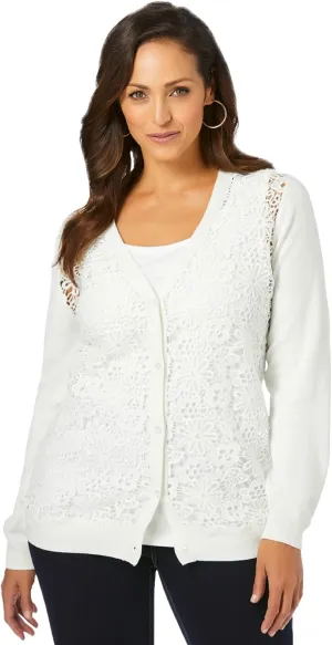 Jessica London Women's Plus Size Crochet Button-Front Cardigan