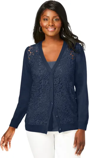 Jessica London Women's Plus Size Crochet Button-Front Cardigan