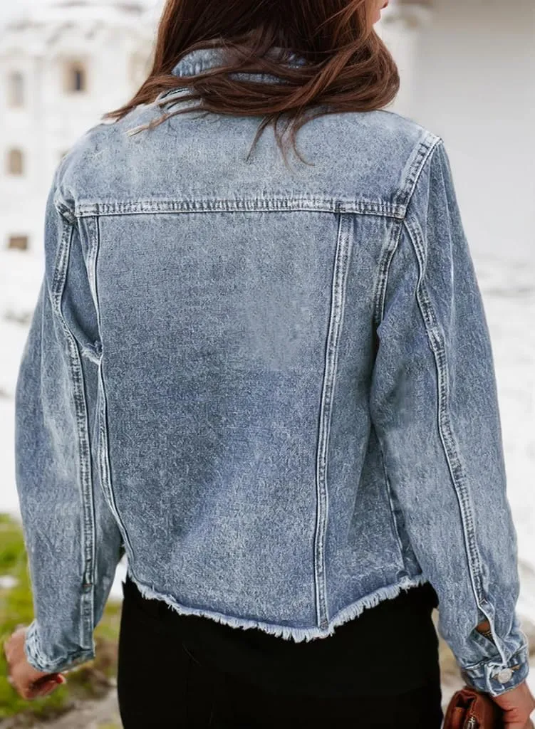 Kedera Womens Denim Jacket Distressed Frayed Ripped Jean Jacket Casual Button Down Light Jackets with Pockets