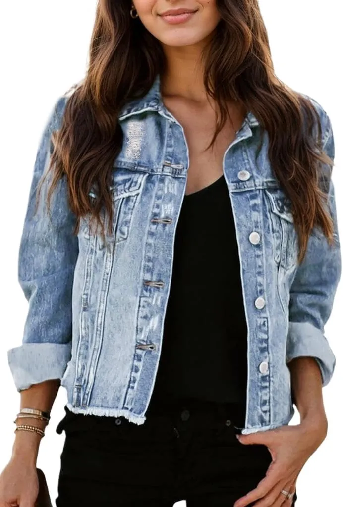 Kedera Womens Denim Jacket Distressed Frayed Ripped Jean Jacket Casual Button Down Light Jackets with Pockets