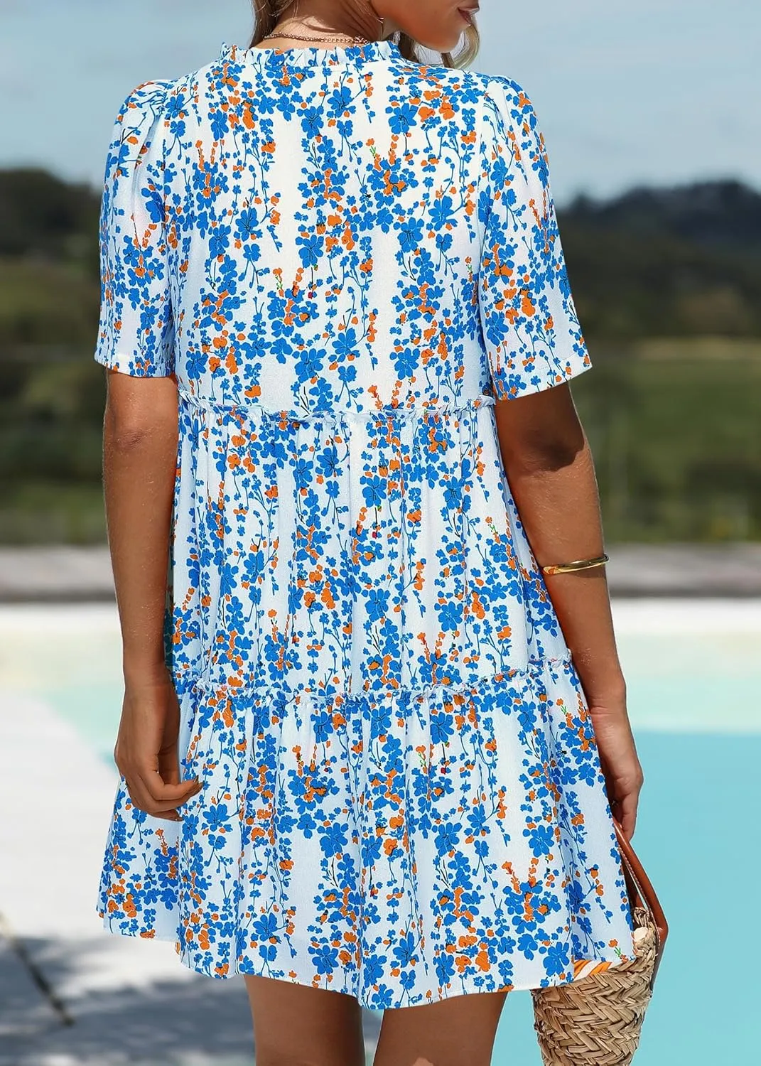 KIRUNDO Womens Summer Dresses Casual Boho Floral Mini Babydoll Short Sleeve A Line Dress V Neck Sundress Beach Vacation
