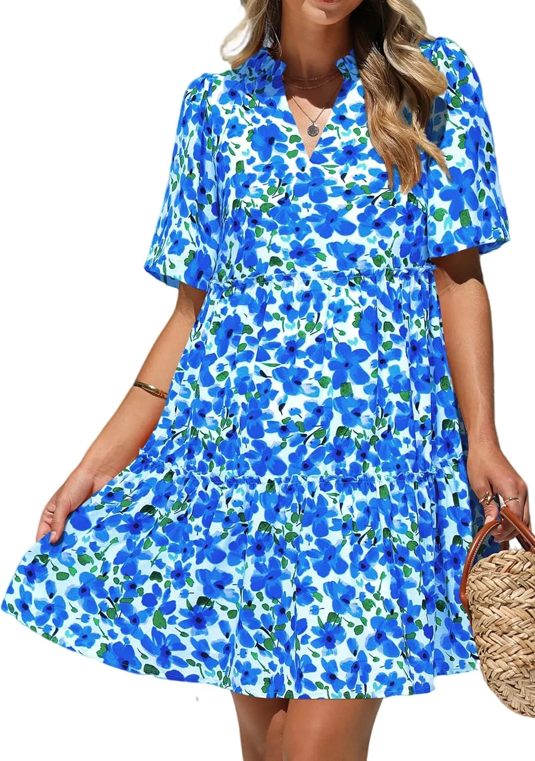 KIRUNDO Womens Summer Dresses Casual Boho Floral Mini Babydoll Short Sleeve A Line Dress V Neck Sundress Beach Vacation