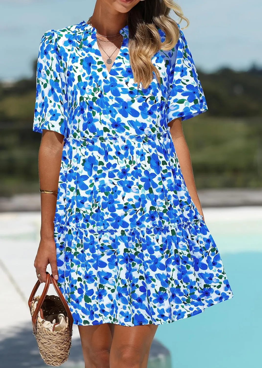 KIRUNDO Womens Summer Dresses Casual Boho Floral Mini Babydoll Short Sleeve A Line Dress V Neck Sundress Beach Vacation