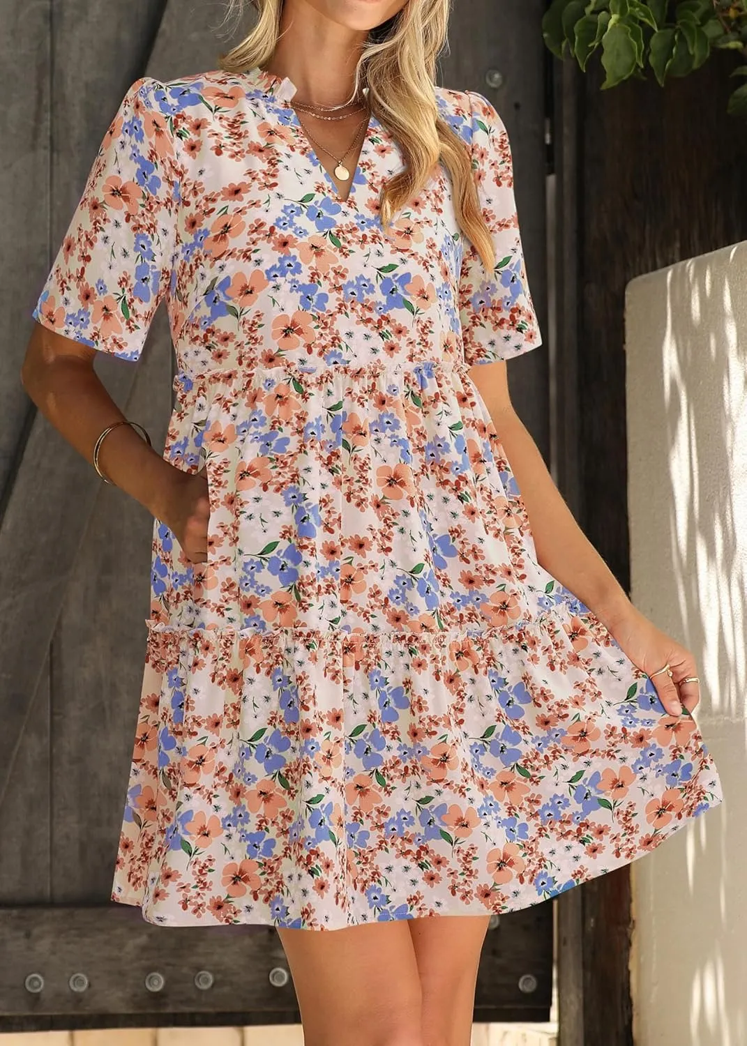 KIRUNDO Womens Summer Dresses Casual Boho Floral Mini Babydoll Short Sleeve A Line Dress V Neck Sundress Beach Vacation