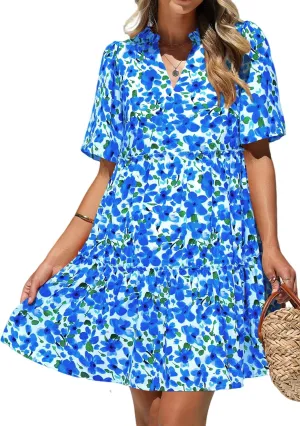 KIRUNDO Womens Summer Dresses Casual Boho Floral Mini Babydoll Short Sleeve A Line Dress V Neck Sundress Beach Vacation