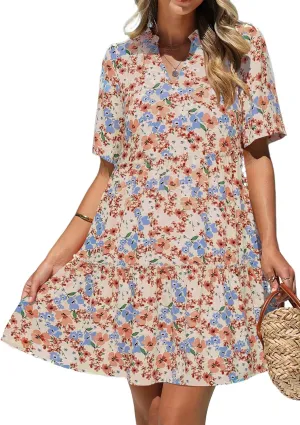 KIRUNDO Womens Summer Dresses Casual Boho Floral Mini Babydoll Short Sleeve A Line Dress V Neck Sundress Beach Vacation