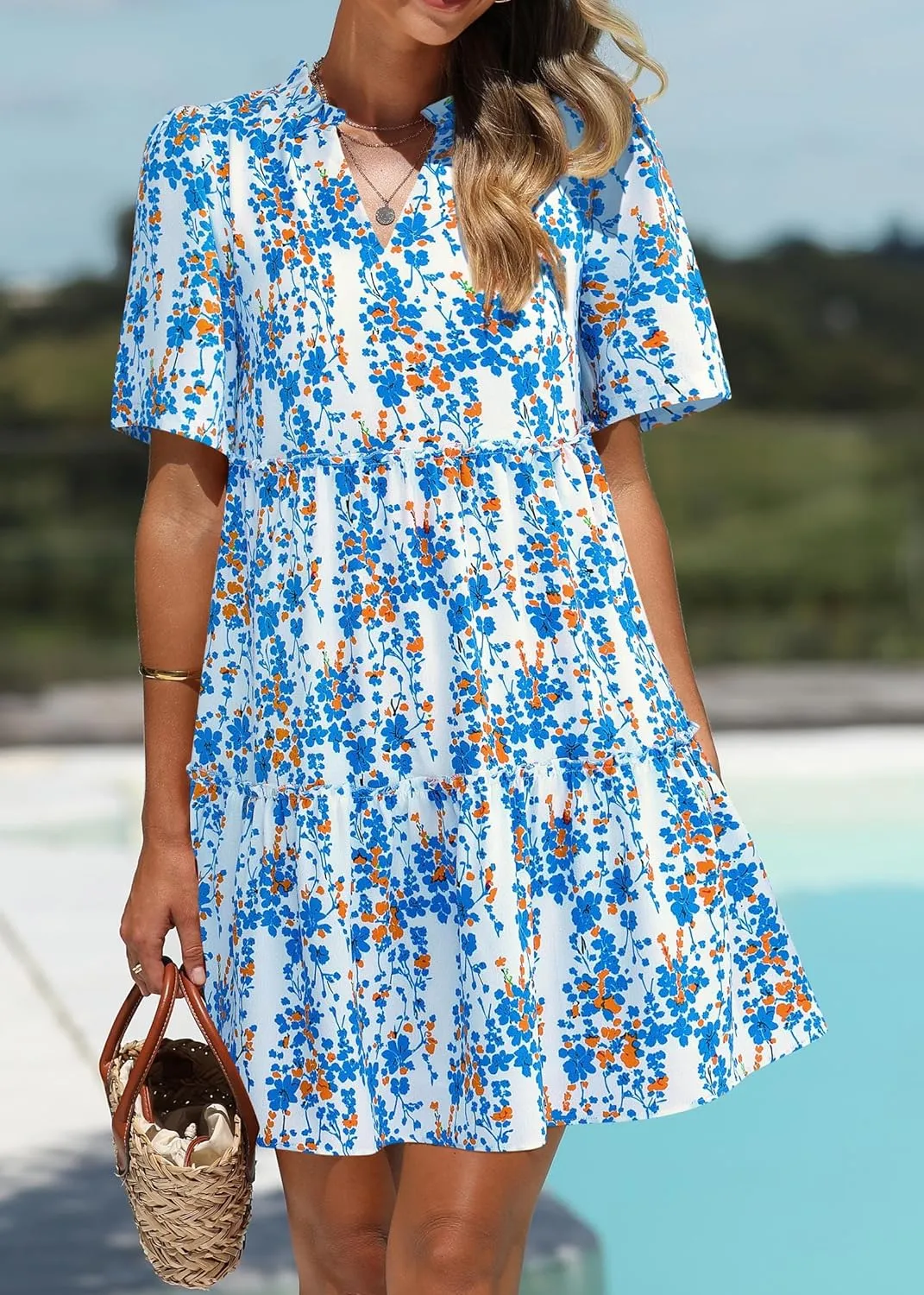KIRUNDO Womens Summer Dresses Casual Boho Floral Mini Babydoll Short Sleeve A Line Dress V Neck Sundress Beach Vacation