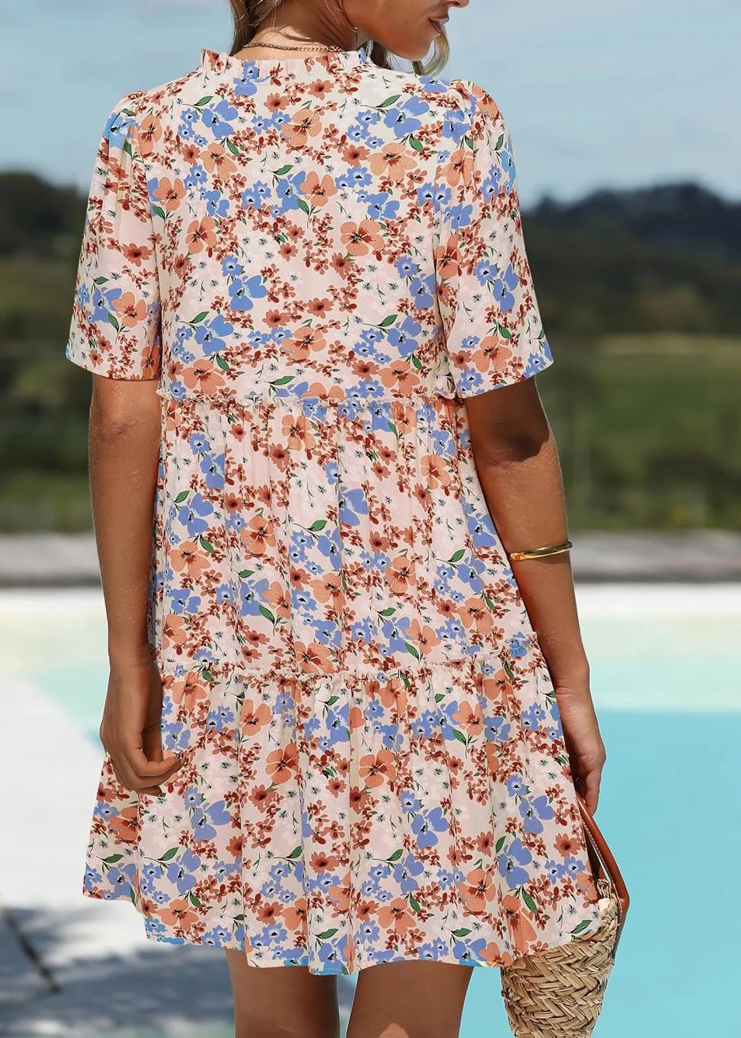 KIRUNDO Womens Summer Dresses Casual Boho Floral Mini Babydoll Short Sleeve A Line Dress V Neck Sundress Beach Vacation