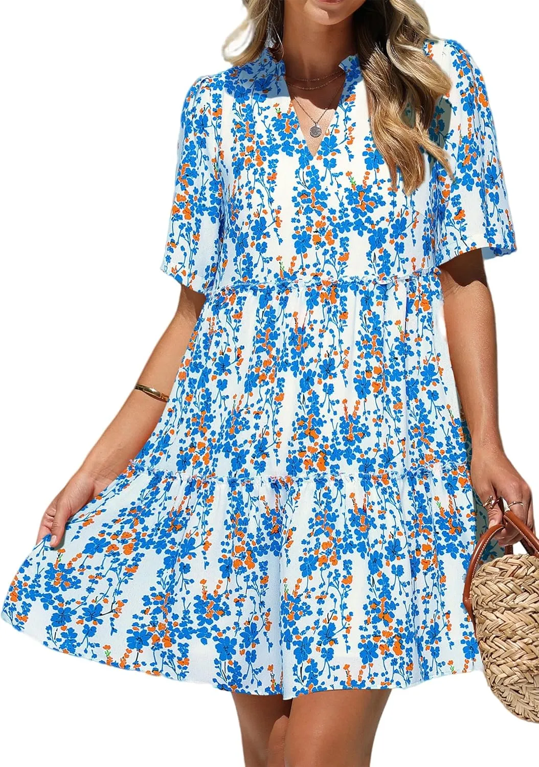 KIRUNDO Womens Summer Dresses Casual Boho Floral Mini Babydoll Short Sleeve A Line Dress V Neck Sundress Beach Vacation