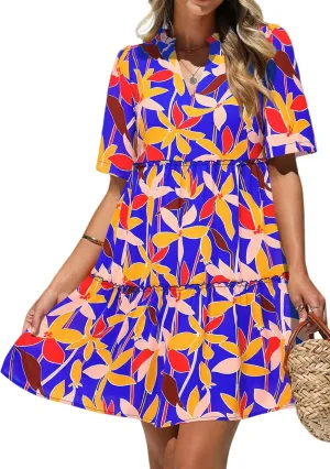 KIRUNDO Womens Summer Dresses Casual Boho Floral Mini Babydoll Short Sleeve A Line Dress V Neck Sundress Beach Vacation