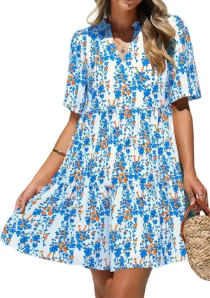 KIRUNDO Womens Summer Dresses Casual Boho Floral Mini Babydoll Short Sleeve A Line Dress V Neck Sundress Beach Vacation