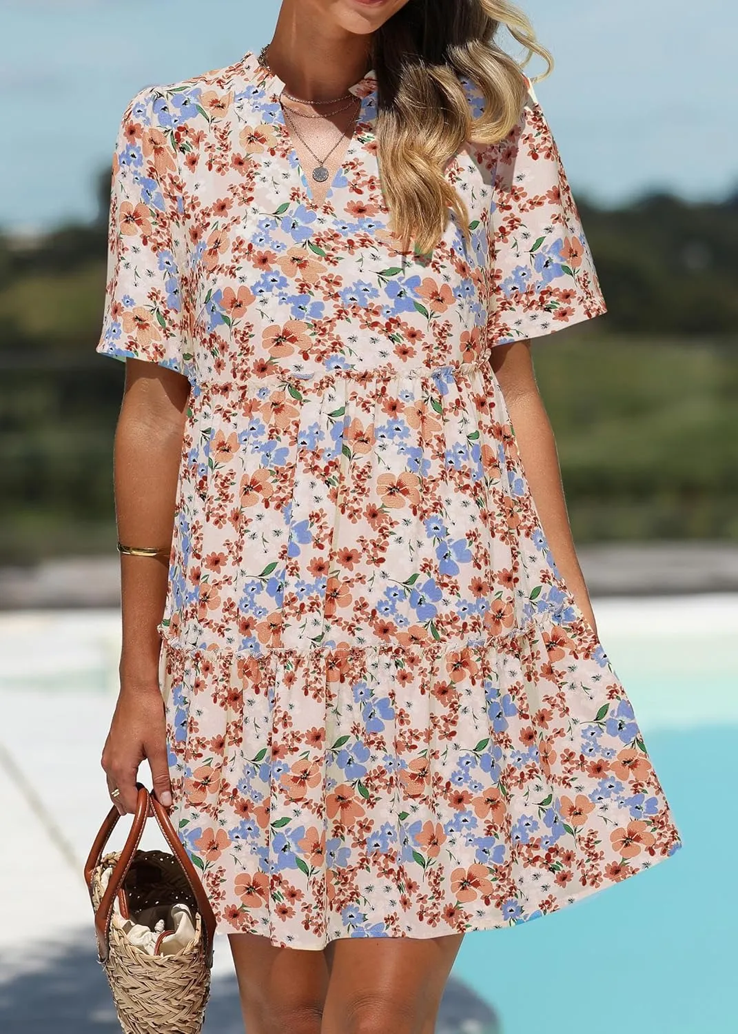 KIRUNDO Womens Summer Dresses Casual Boho Floral Mini Babydoll Short Sleeve A Line Dress V Neck Sundress Beach Vacation