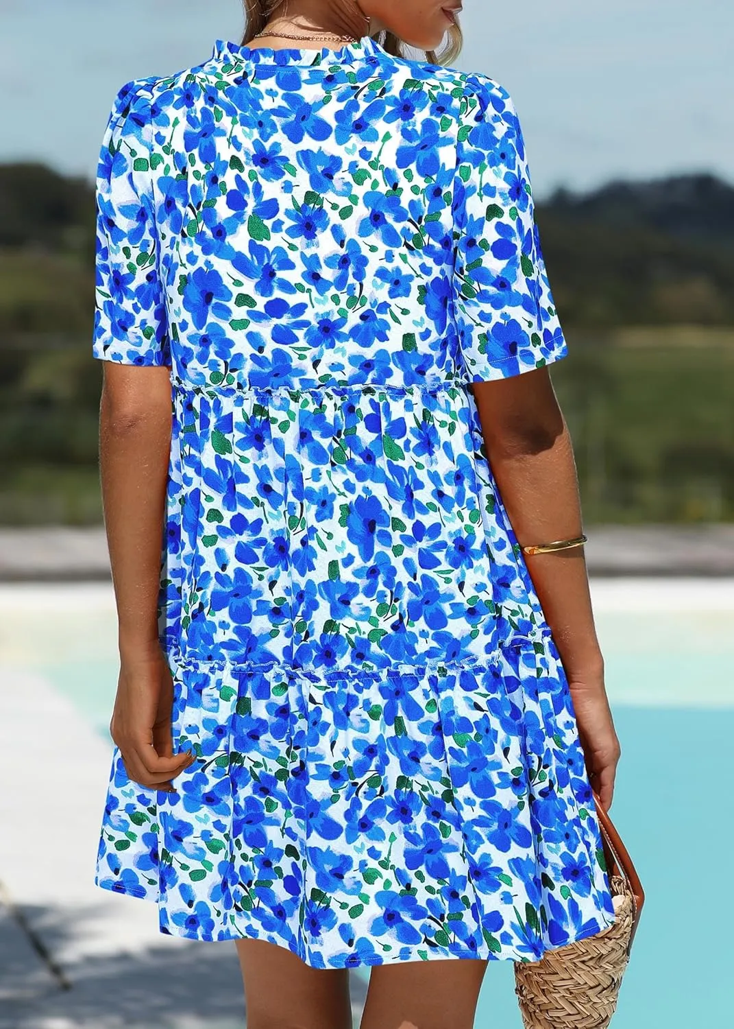 KIRUNDO Womens Summer Dresses Casual Boho Floral Mini Babydoll Short Sleeve A Line Dress V Neck Sundress Beach Vacation