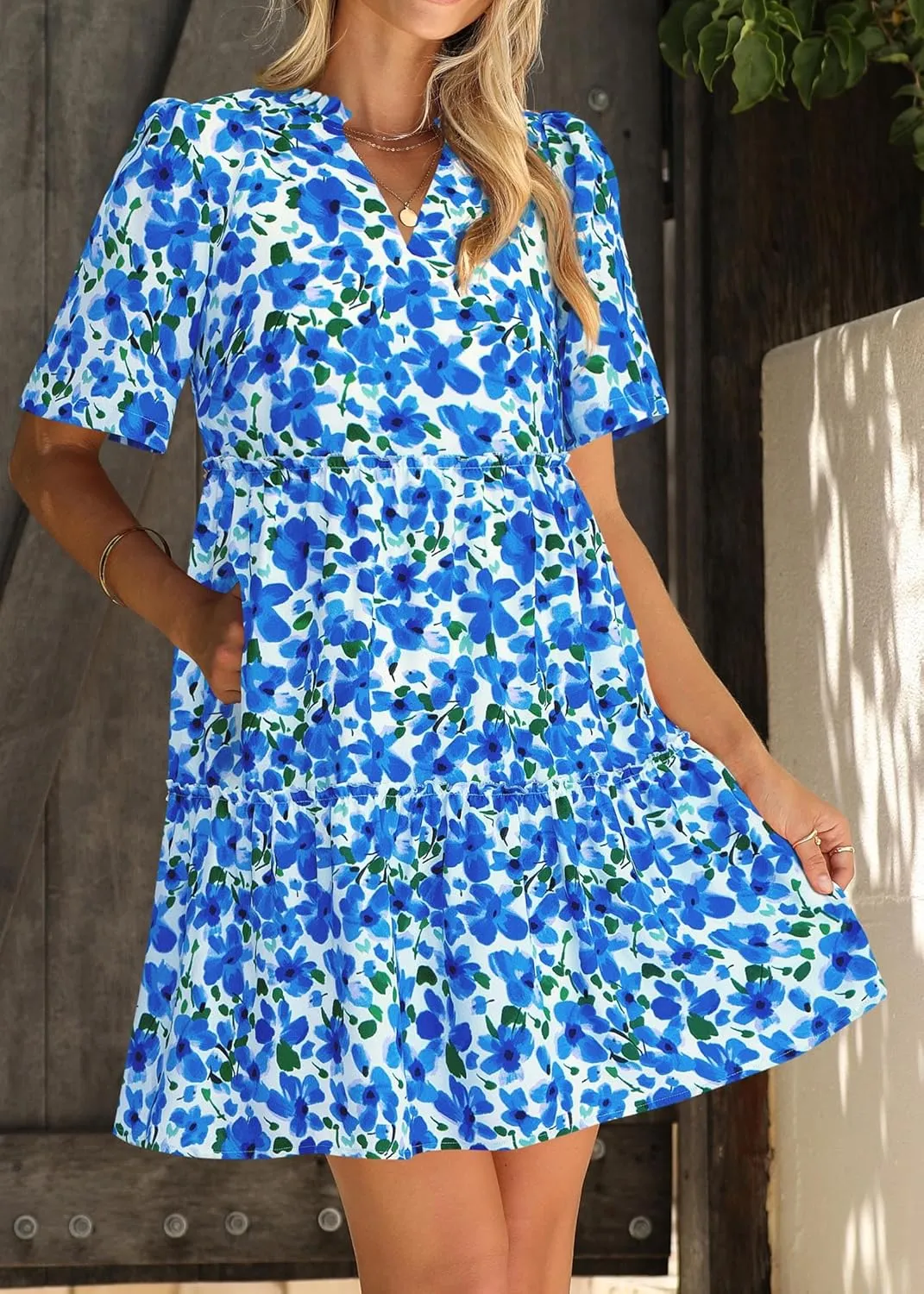 KIRUNDO Womens Summer Dresses Casual Boho Floral Mini Babydoll Short Sleeve A Line Dress V Neck Sundress Beach Vacation