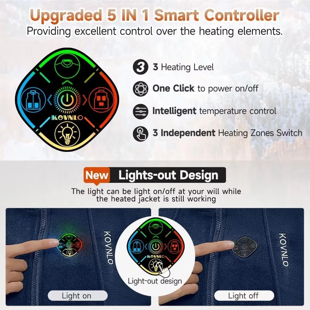 KOVNLO Heated Jackets for Women, Smart Controller with Light Out Design, Soft Fleece Electric Heating Coat with Battery Pack