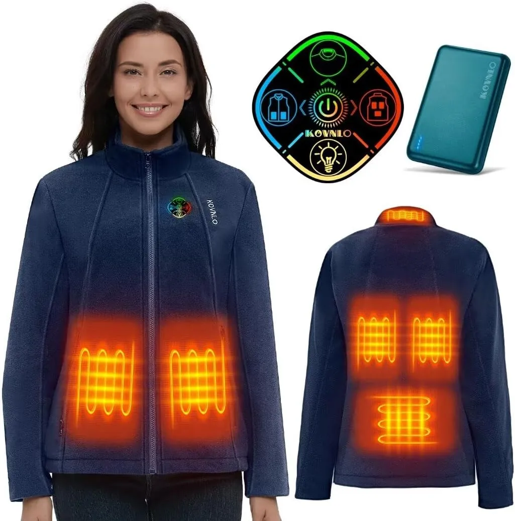 KOVNLO Heated Jackets for Women, Smart Controller with Light Out Design, Soft Fleece Electric Heating Coat with Battery Pack