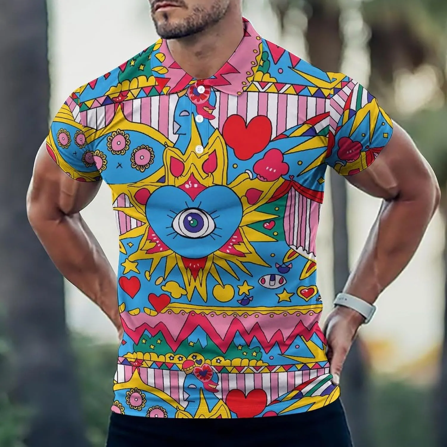 Love Eyes Graffiti Mens Polo Shirts Quick Dry Short Sleeve T-shirts Slim Tennis Collared Tees Tops