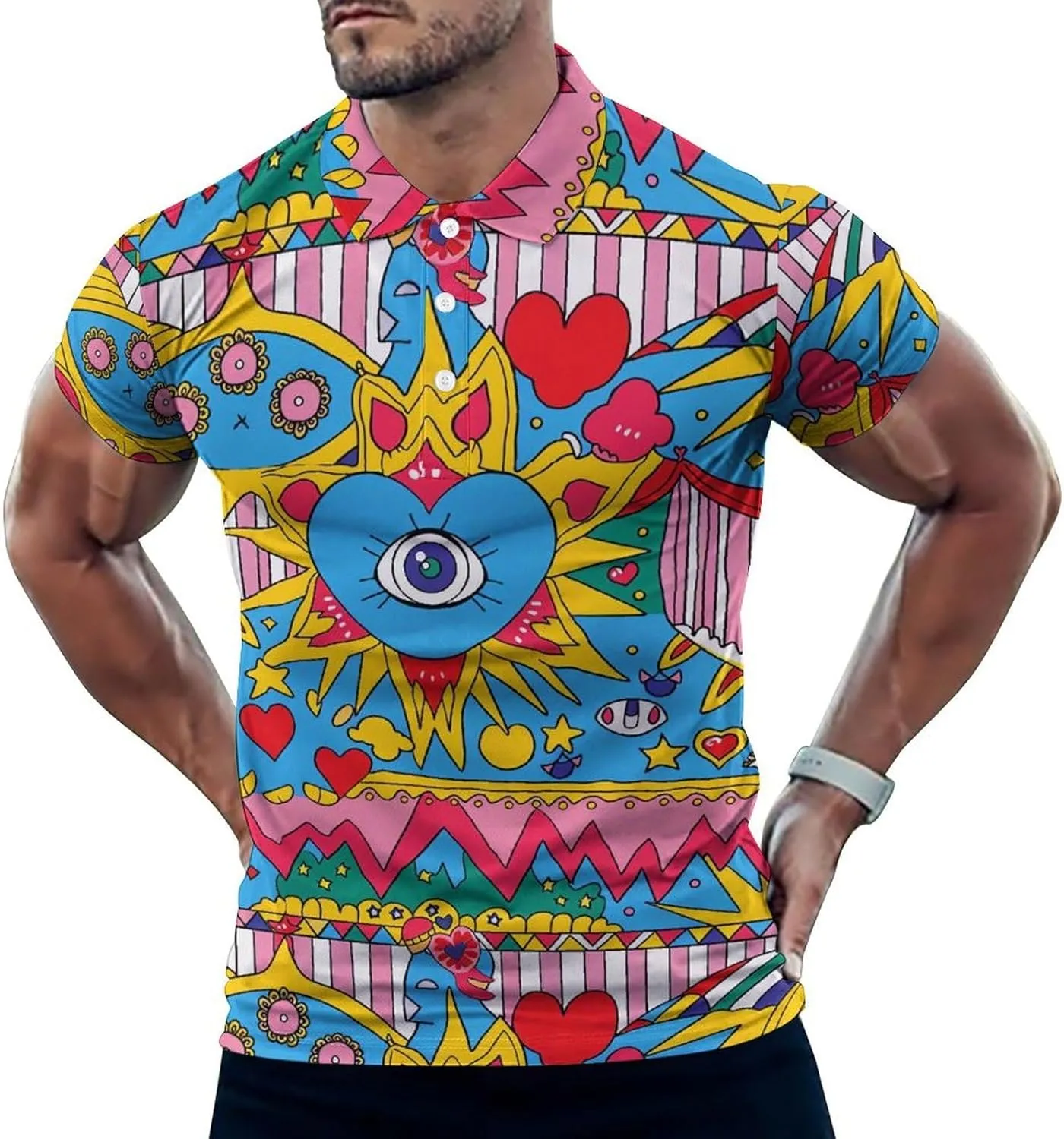 Love Eyes Graffiti Mens Polo Shirts Quick Dry Short Sleeve T-shirts Slim Tennis Collared Tees Tops