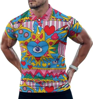 Love Eyes Graffiti Mens Polo Shirts Quick Dry Short Sleeve T-shirts Slim Tennis Collared Tees Tops