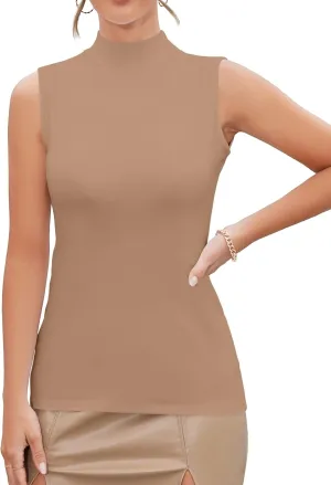 MANGDIUP Women's Mock Turtleneck Long Sleeve Sleeveless Tops Basic Slim T-Shirts