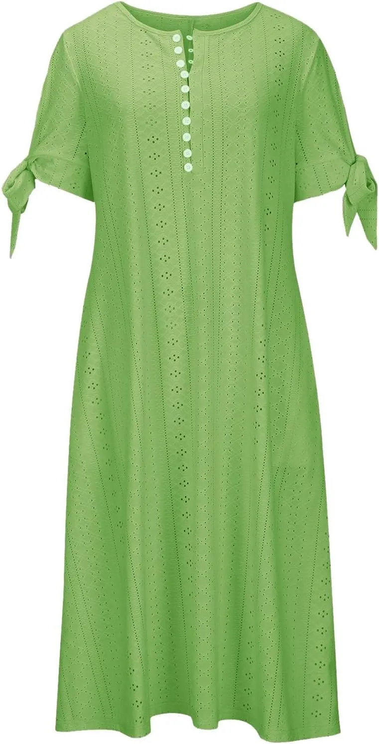 Maxi Long Dresses for Women 2025 Summer Casual V Neck Short Sleeve Eyelet Tshirt Dress Boho Aline Sundresses for Vacation