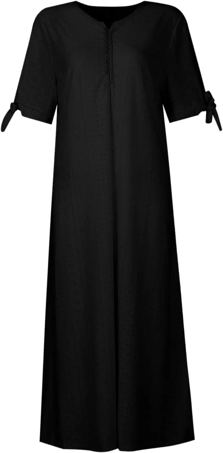 Maxi Long Dresses for Women 2025 Trendy Short Sleeve Eyelet Tshirt Dress Casual Summer Beach Vacation Sundress