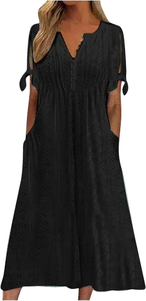 Maxi Long Dresses for Women 2025 Trendy Short Sleeve Eyelet Tshirt Dress Casual Summer Beach Vacation Sundress