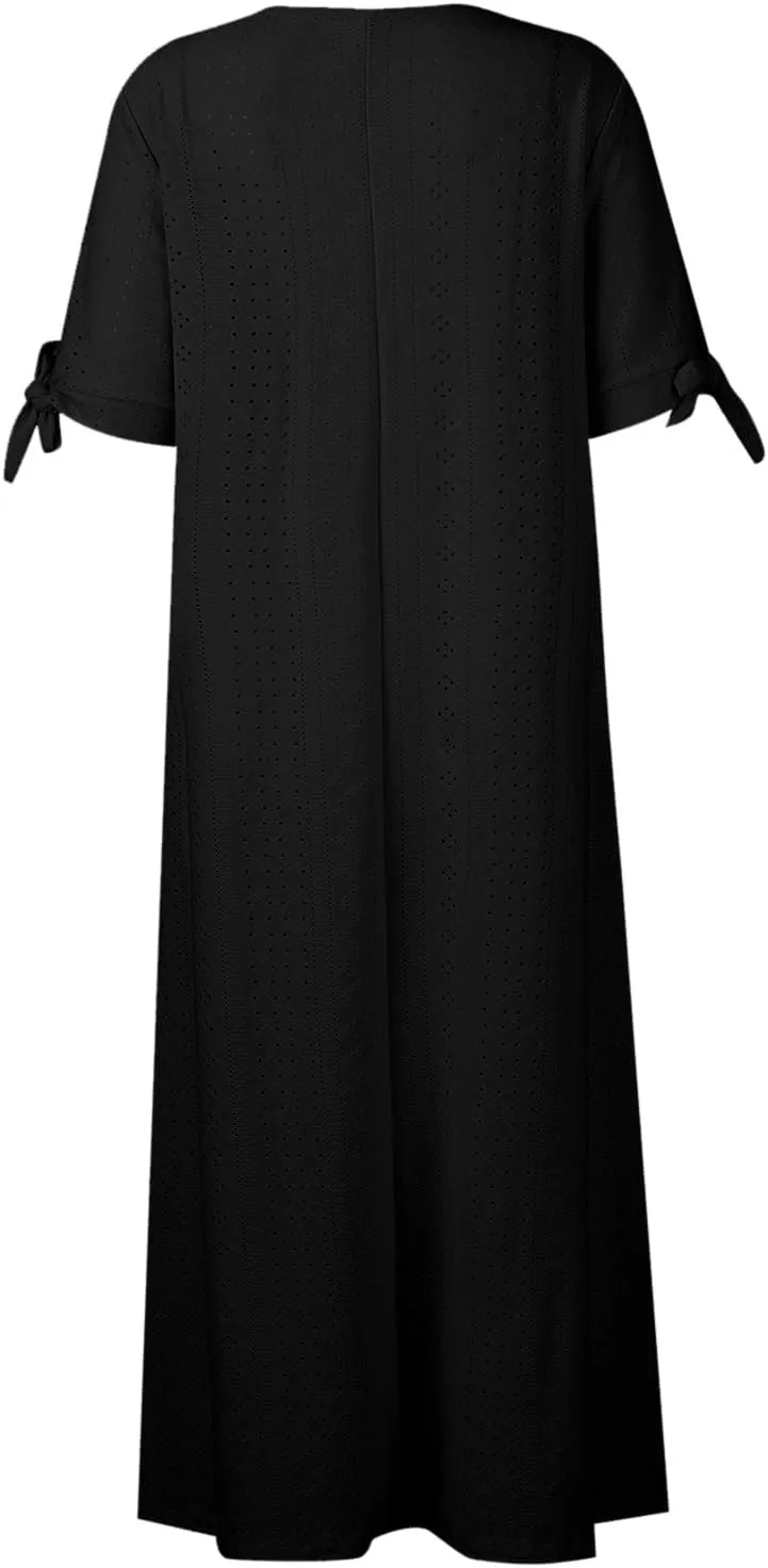Maxi Long Dresses for Women 2025 Trendy Short Sleeve Eyelet Tshirt Dress Casual Summer Beach Vacation Sundress