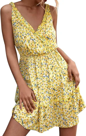 Maxi Sundresses for Women Women's Dresses Summer Floral Printed Ruffle Hem Sleeveless V Neck Beach Mini (Yellow, M)