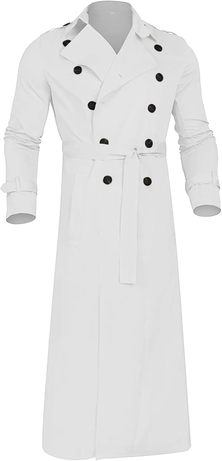 Men Double Breasted Long Trench Coat Oversized Casual Notch Lapel Windbreaker Business Jacket Trendy Twill Overcoat