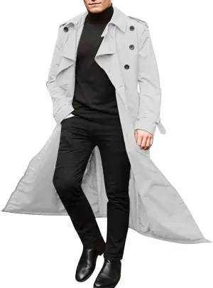 Men Double Breasted Long Trench Coat Oversized Casual Notch Lapel Windbreaker Business Jacket Trendy Twill Overcoat