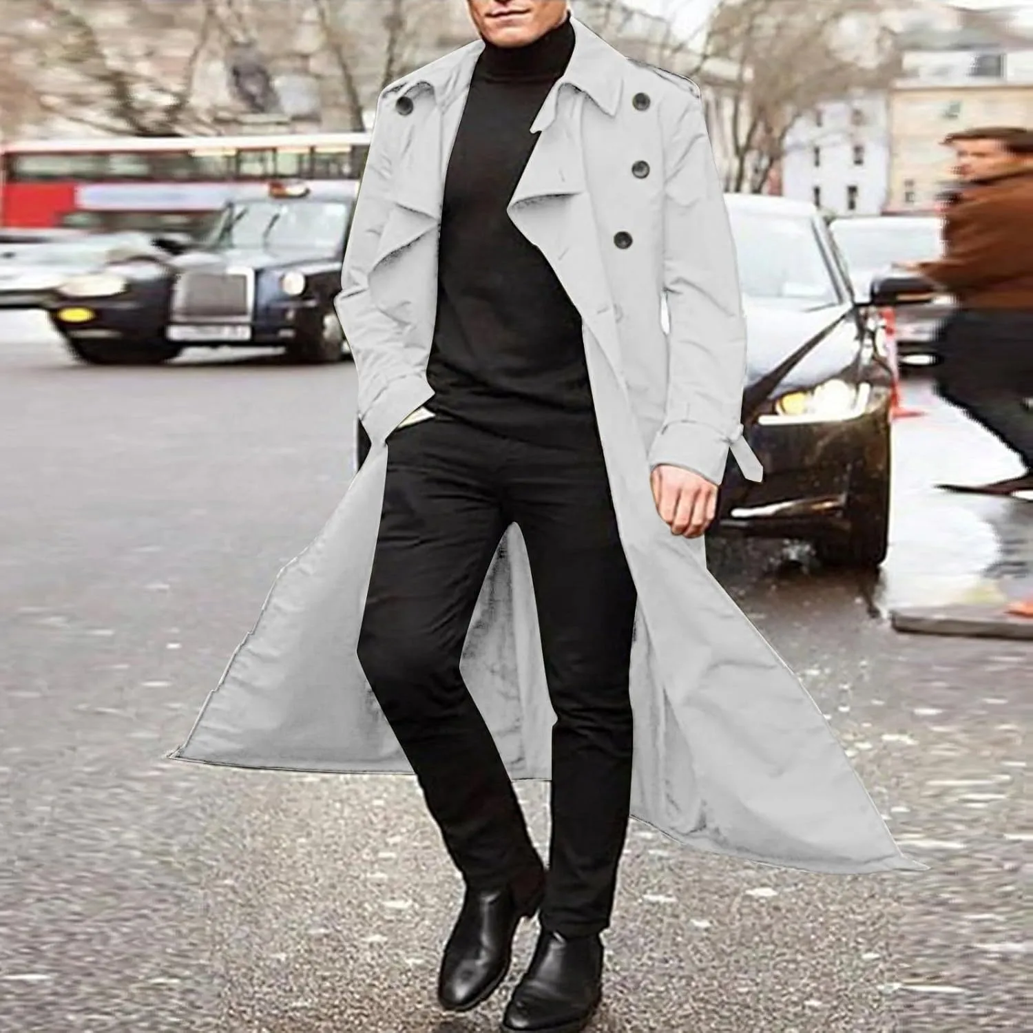 Men Double Breasted Long Trench Coat Oversized Casual Notch Lapel Windbreaker Business Jacket Trendy Twill Overcoat