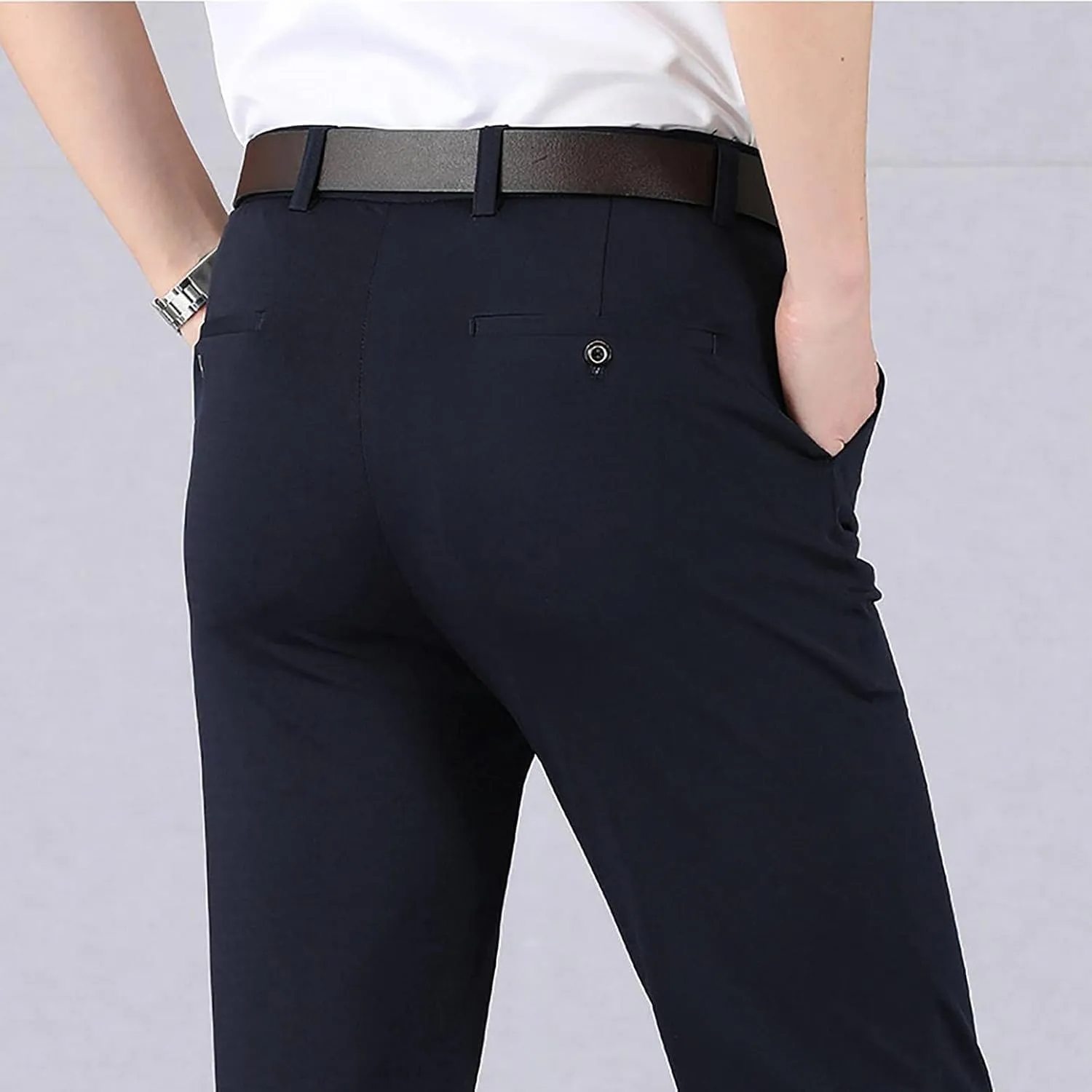 Men's Flat Front Dress Pants Straight Chino Pant Smart Business Stretch Suit Traveler Pant Slim Fit Khaki Trouser