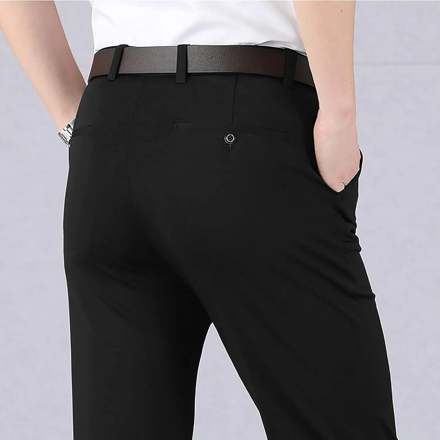 Men's Flat Front Dress Pants Straight Chino Pant Smart Business Stretch Suit Traveler Pant Slim Fit Khaki Trouser