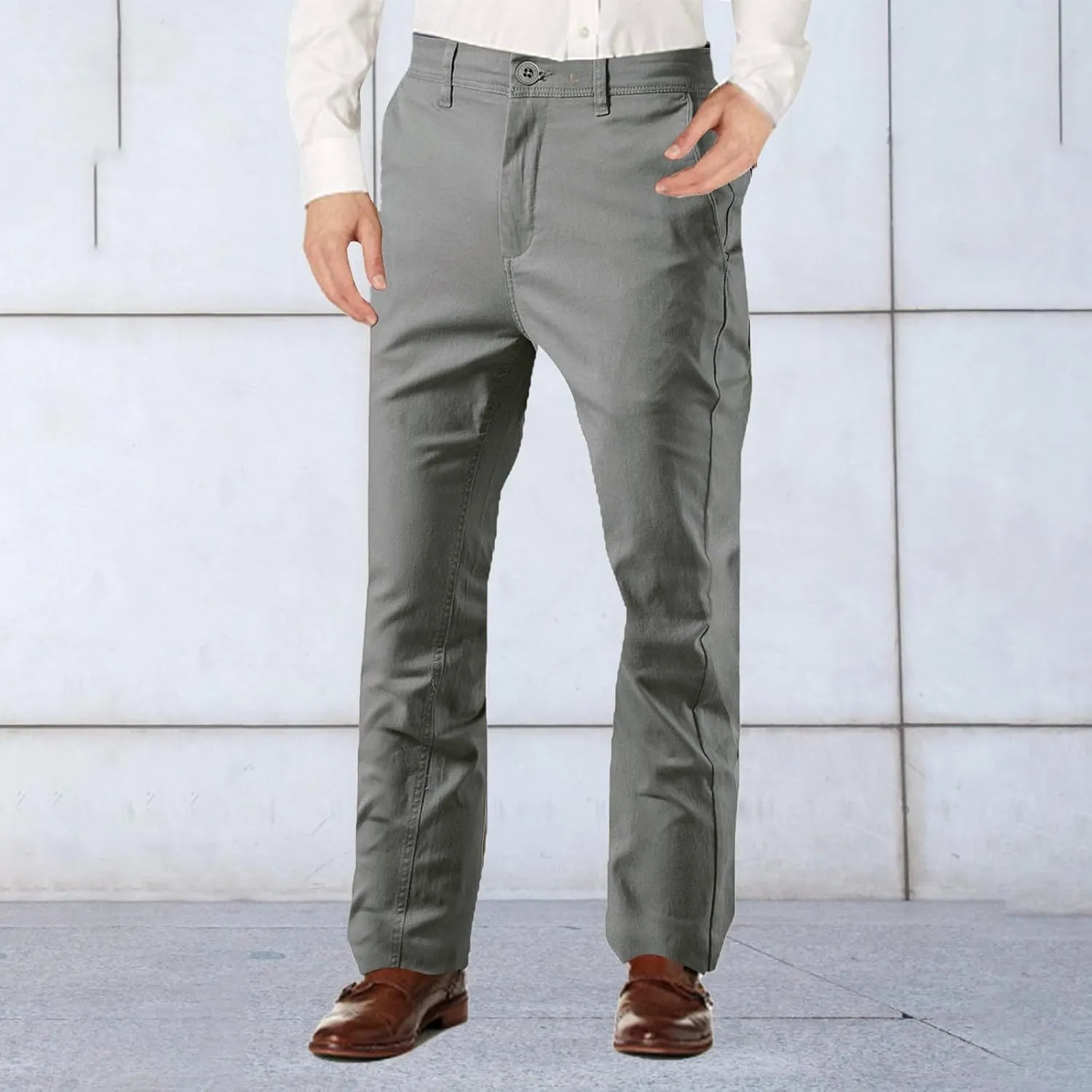 Mens Fleece Chino Carpenter Pants Big&Tall Elastic Waist Flat Front Casual Smart Business Trousers Winter Work Pant Plus Size